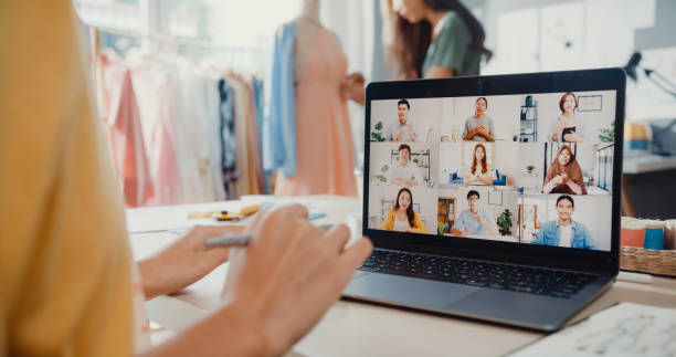 Group of people in a virtual video call with bright colors and personalized clothes (featured artwork)