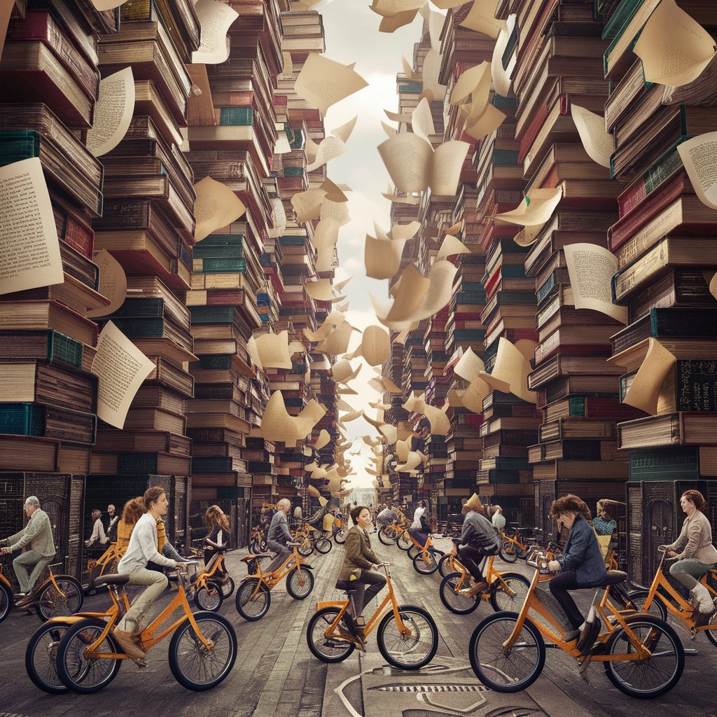 A whimsical cityscape where skyscrapers are made of books and people ride pencil bicycles, symbolising creativity and knowledge in motion A whimsical cityscape where skyscrapers are made of books and people ride pencil bicycles, symbolising creativity and knowledge in motion