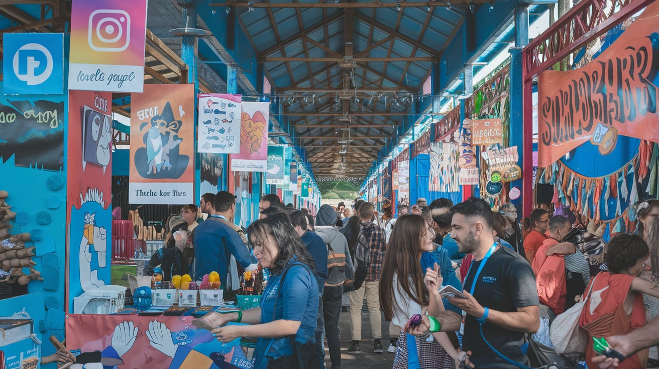 A lively marketplace depicting various marketing strategies with marketers engaging with customers in a colourful and vibrant setting A lively marketplace depicting various marketing strategies with marketers engaging with customers in a colourful and vibrant setting