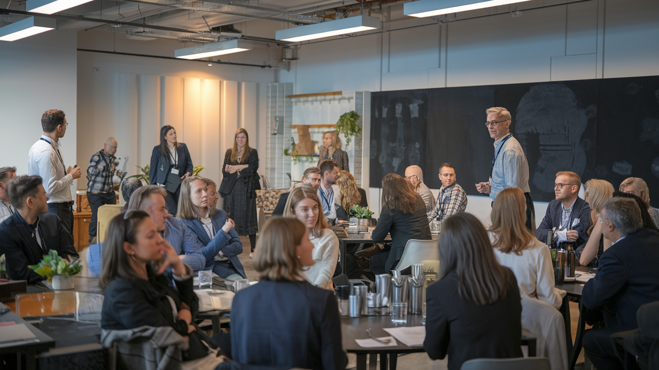 Small group at networking event discussing strategies – symbolises relationship building in client attraction Small group at networking event discussing strategies – symbolises relationship building in client attraction