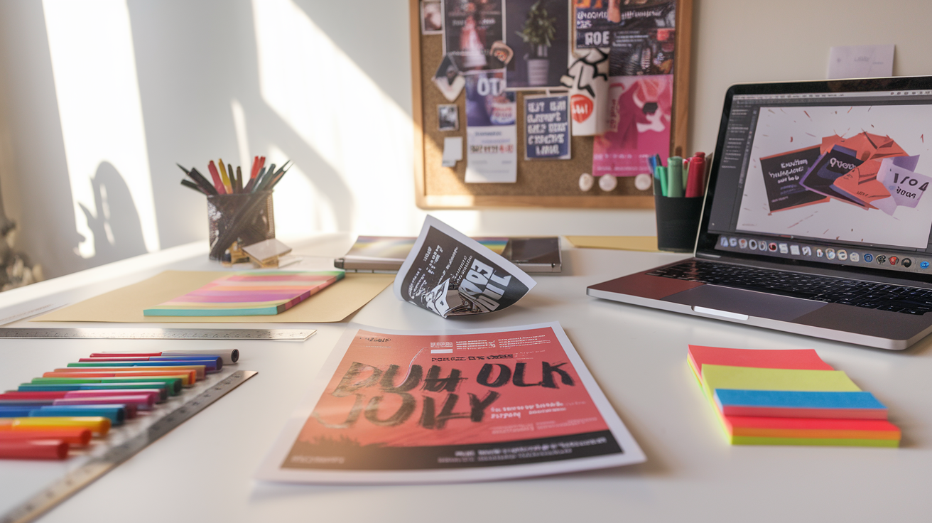 Creative workspace with a vibrant flyer design alongside a messy, monochrome flyer, showcasing the contrast between effective and ineffective marketing materials on a well-lit desk Creative workspace with a vibrant flyer design alongside a messy, monochrome flyer, showcasing the contrast between effective and ineffective marketing materials on a well-lit desk