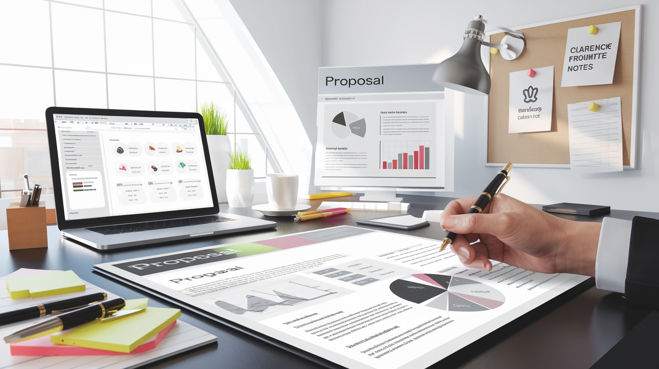 Modern workspace with a professional proposal open on a desk, featuring polished formatting and visuals, alongside tools like a laptop and pen, contrasting with a crumpled, poorly designed proposal. Modern workspace with a professional proposal open on a desk, featuring polished formatting and visuals, alongside tools like a laptop and pen, contrasting with a crumpled, poorly designed proposal.