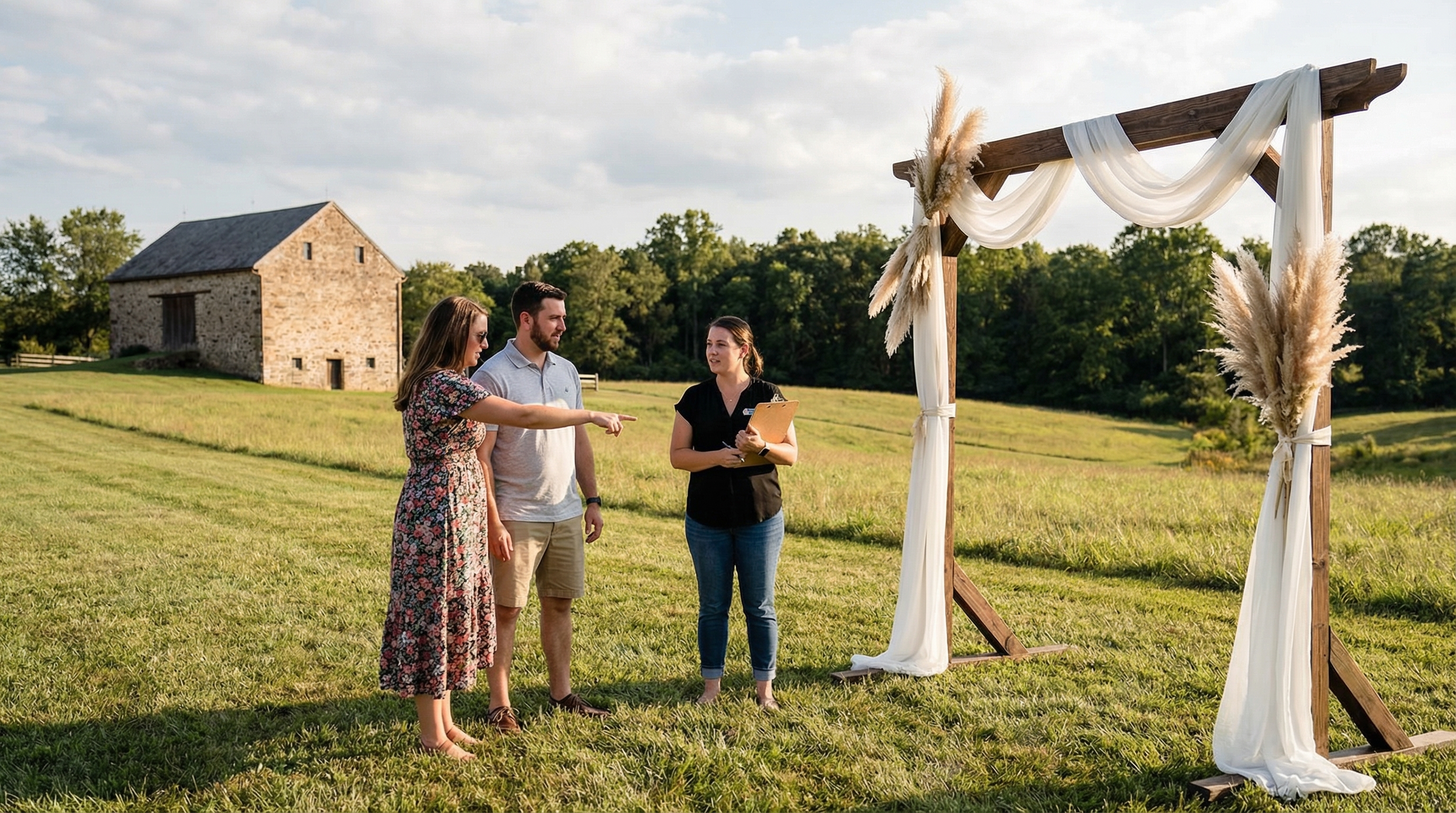 Couple evaluating an outdoor wedding venue in Delaware with a host near a ceremony arch Couple evaluating an outdoor wedding venue in Delaware with a host near a ceremony arch