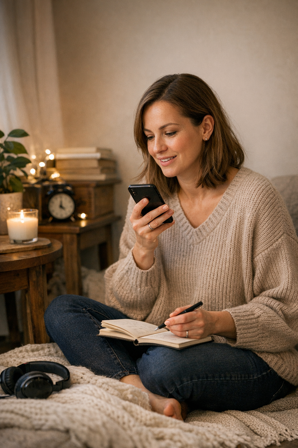 Cozy, ultra-realistic lifestyle photo of a woman recording a 30-minute New Year reflection on her smartphone while writing in a notebook, seated on a bed with soft warm lighting, candle, books, and plants—capturing a simple annual storytelling ritual at home.