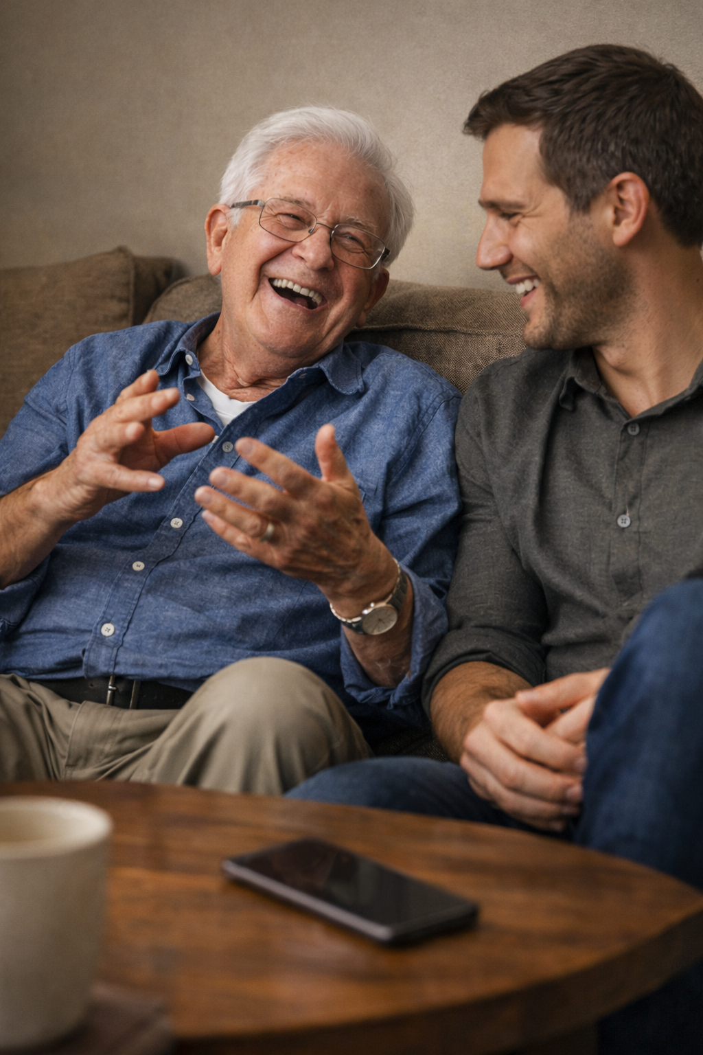 A medium shot of two people laughing together on a comfortable sofa. The older person is gesturing with their hands mid-story, looking relaxed and happy. A smartphone is discreetly recording on the coffee table in front of them, almost unnoticed.