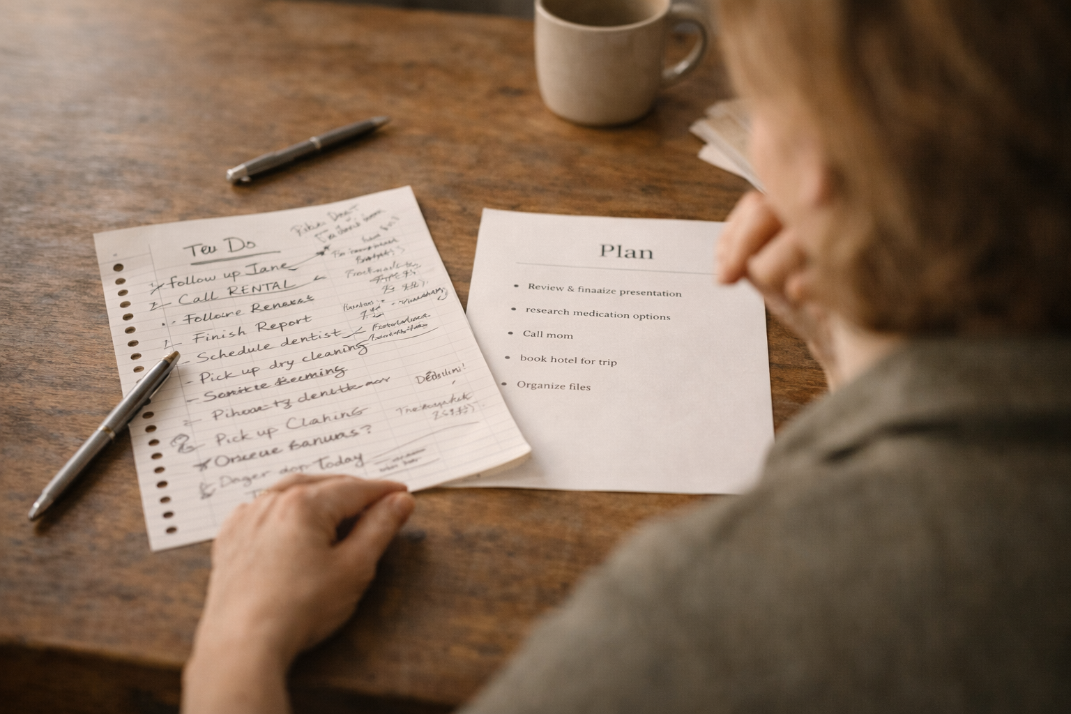 A cluttered to-do list next to a clean plan in warm light.