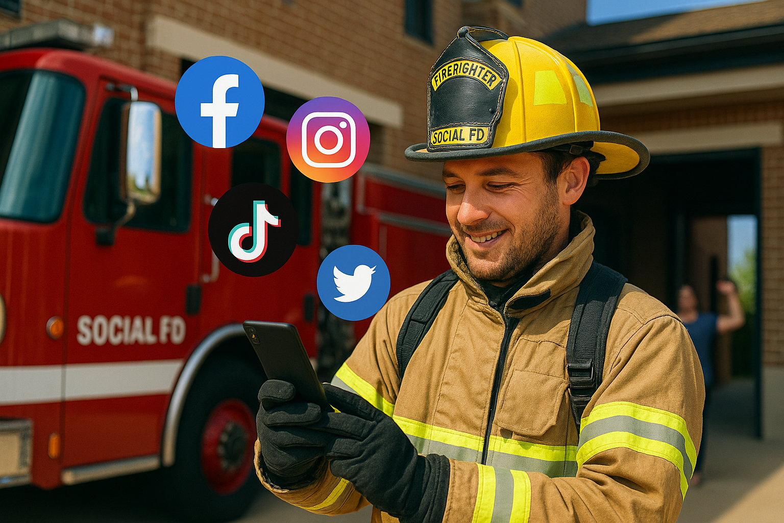 firefighter in full gear smiling at a smartphone, with social media icons around him and a red "SOCIAL FD" fire truck in the background firefighter in full gear smiling at a smartphone, with social media icons around him and a red "SOCIAL FD" fire truck in the background
