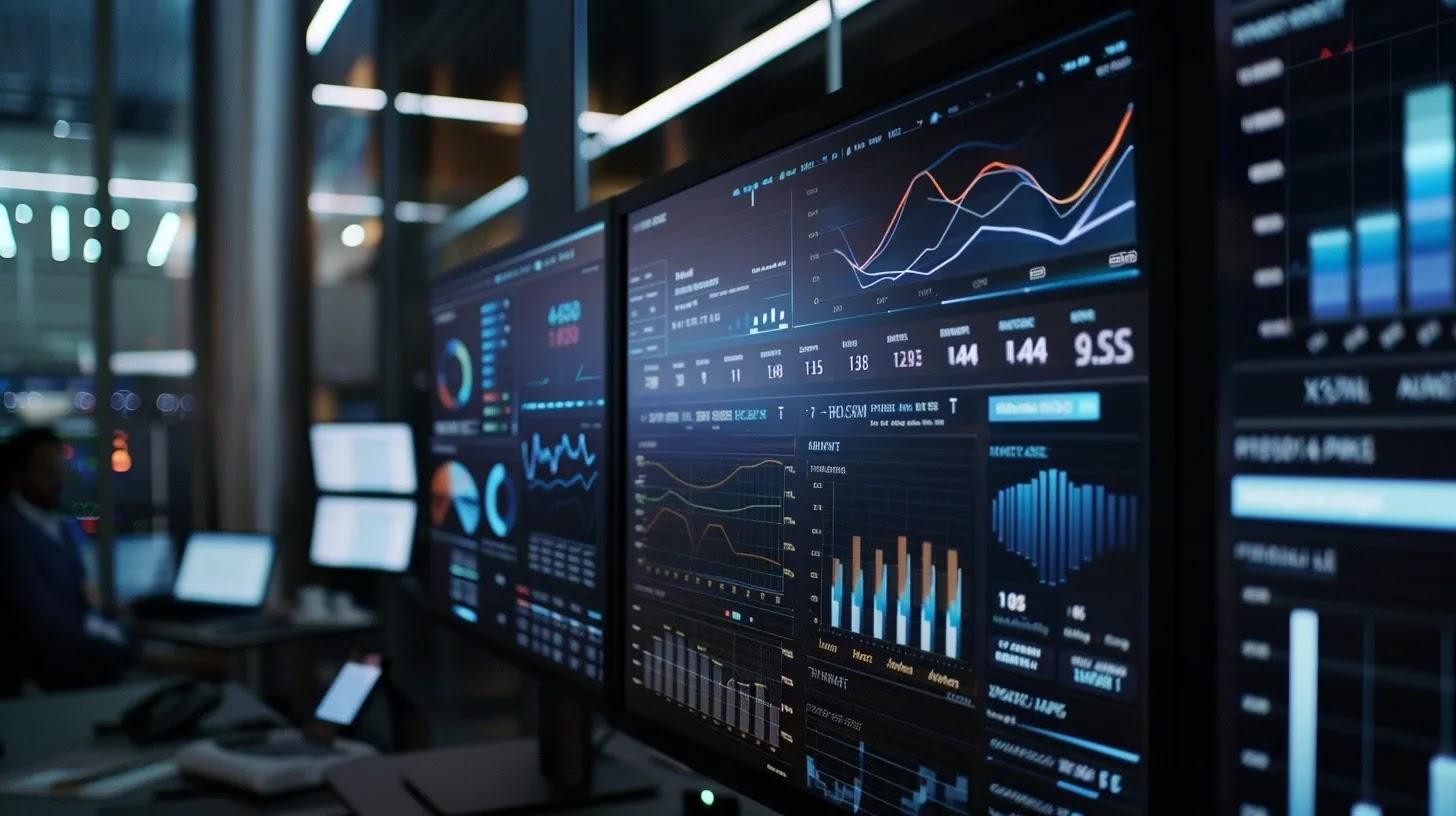 a vibrant, modern digital interface showcases dynamic charts and graphs amidst a diverse group of business professionals, exuding an innovative and collaborative atmosphere. a vibrant, modern digital interface showcases dynamic charts and graphs amidst a diverse group of business professionals, exuding an innovative and collaborative atmosphere.