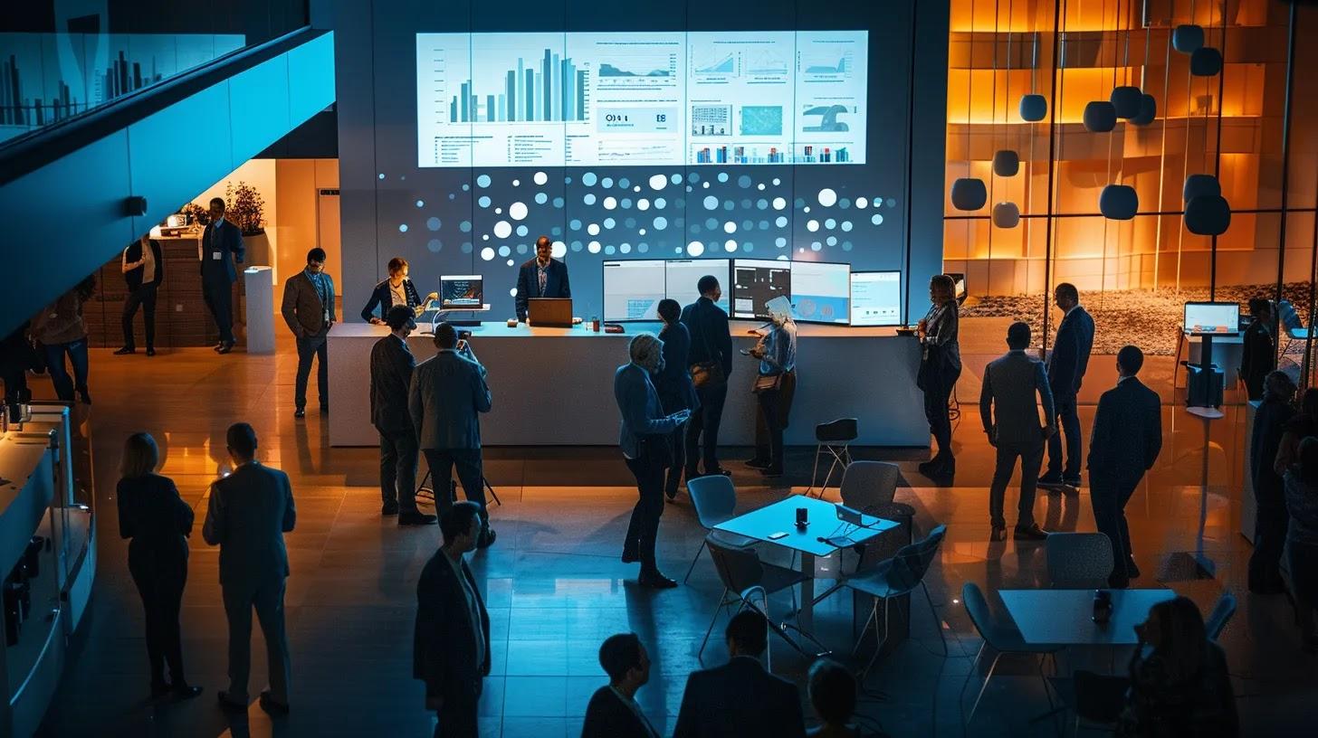 a vibrant, modern digital interface showcases dynamic charts and graphs, surrounded by diverse business professionals engaged in collaborative discussions, emanating an innovative and cutting-edge atmosphere. a vibrant, modern digital interface showcases dynamic charts and graphs, surrounded by diverse business professionals engaged in collaborative discussions, emanating an innovative and cutting-edge atmosphere.