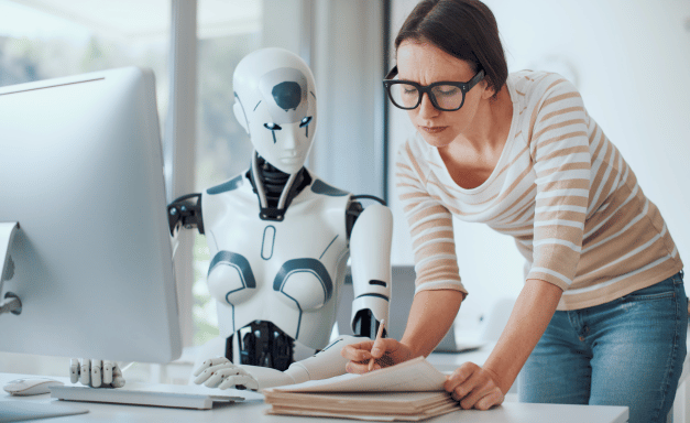Woman and AI robot working together Woman and AI robot working together