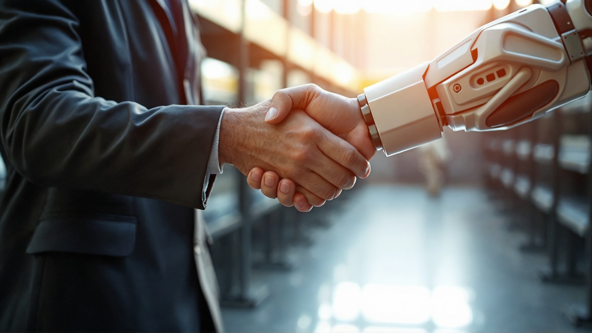 graphic showing a human worker shaking hands with a robot or AI avatar, symbolizing partnership rather than competition. graphic showing a human worker shaking hands with a robot or AI avatar, symbolizing partnership rather than competition.