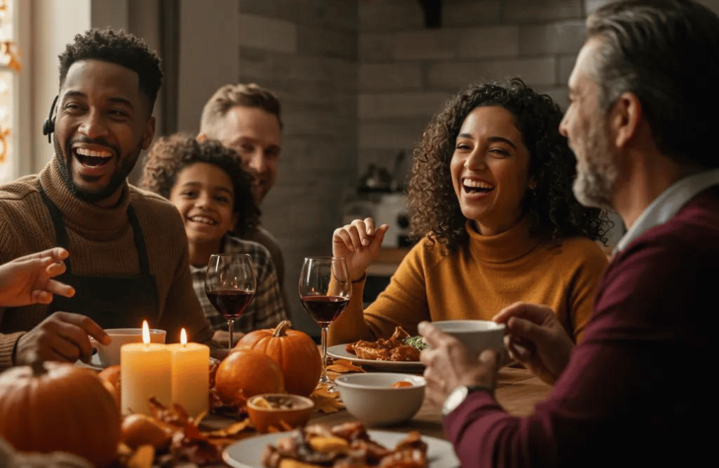 Service professional enjoying Thanksgiving dinner with family, highlighting the benefits of AI CRM automation