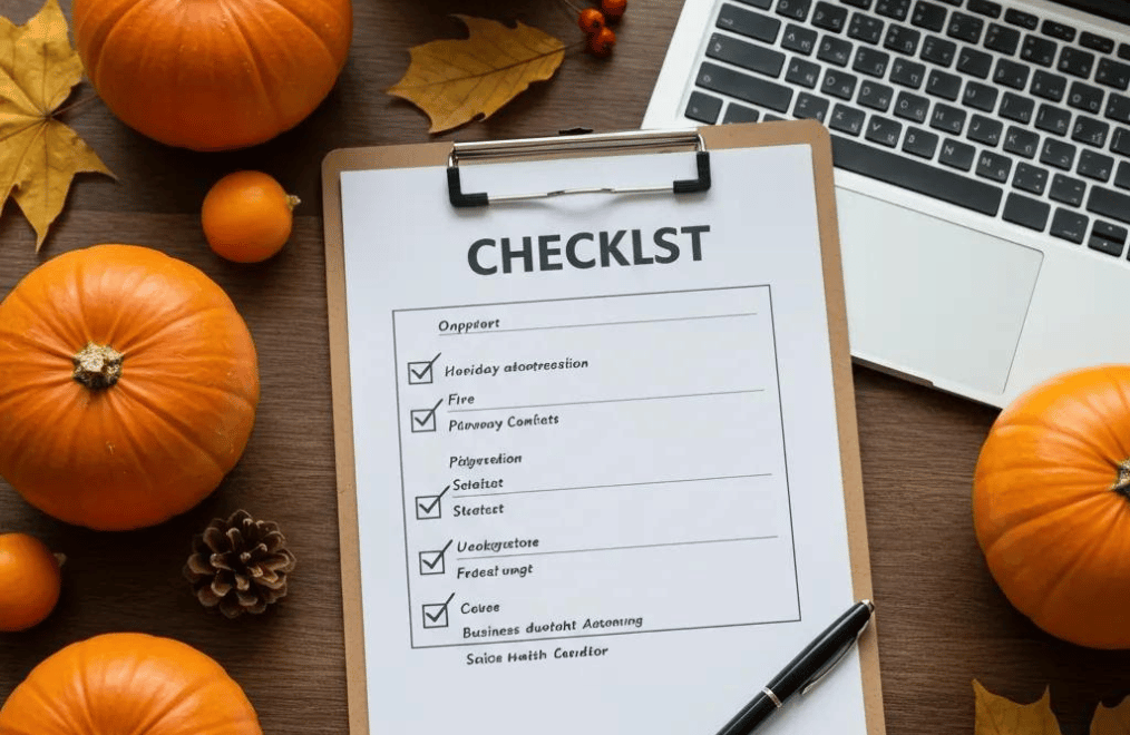 Thanksgiving business automation checklist with seasonal decorations, emphasizing preparation for the holiday