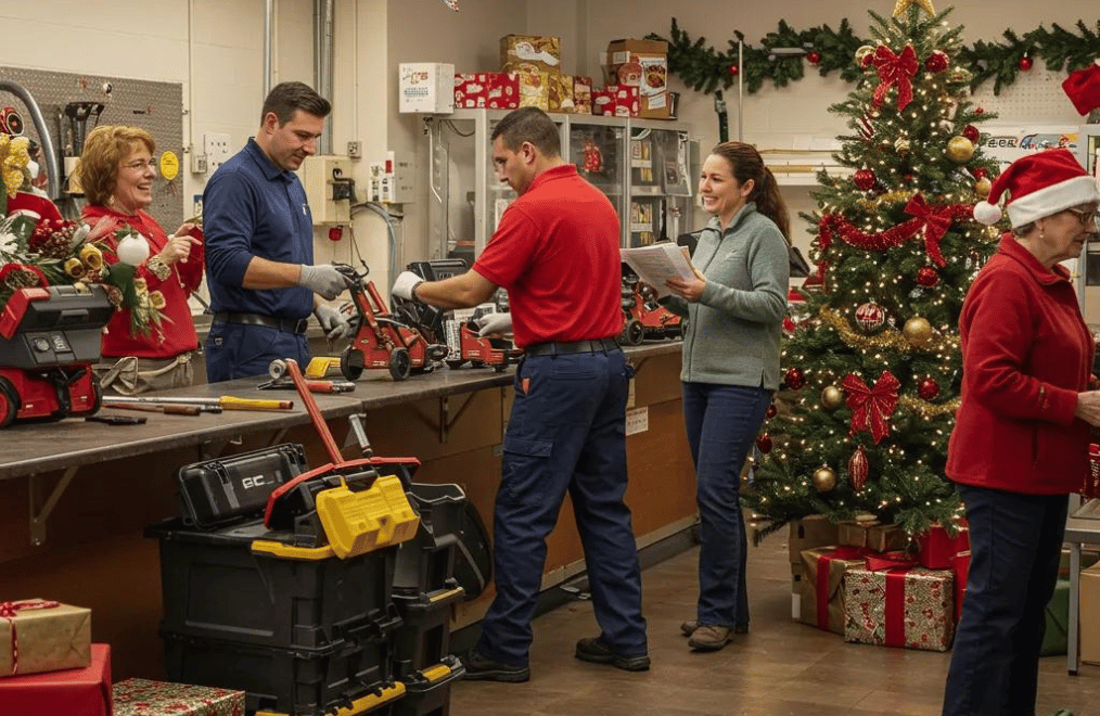 Home service business thriving during the holiday season with technicians and festive decorations