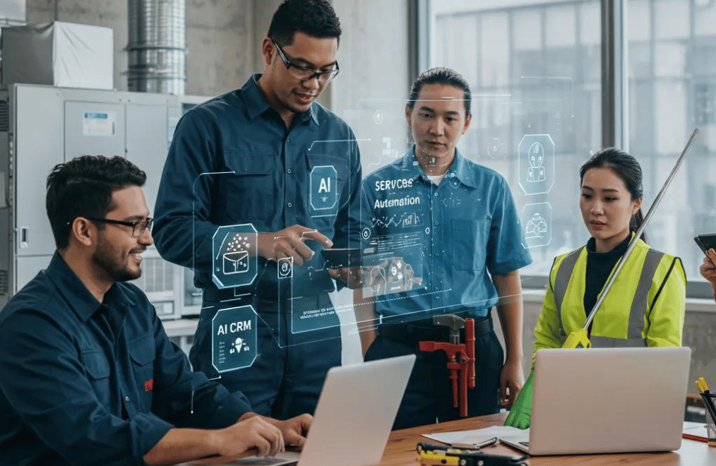 Service professionals collaborating with AI CRM tools to enhance business efficiency