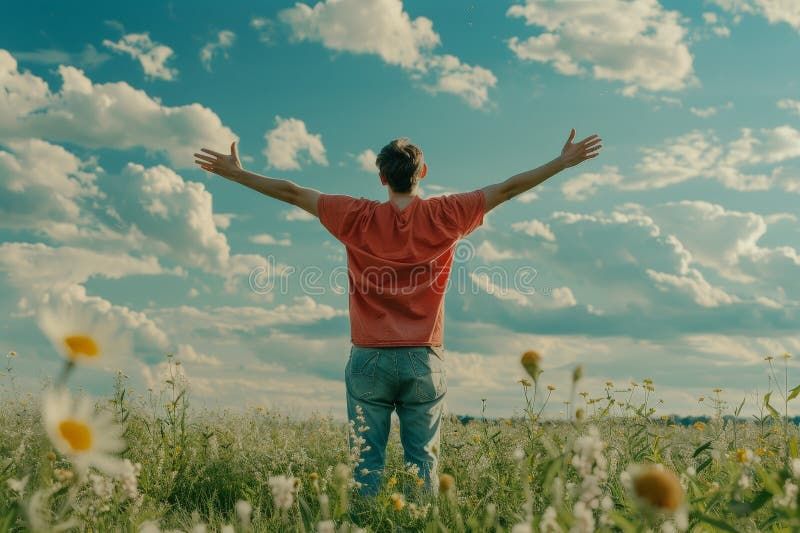 Person standing outdoors, arms lifted, free Person standing outdoors, arms lifted, free