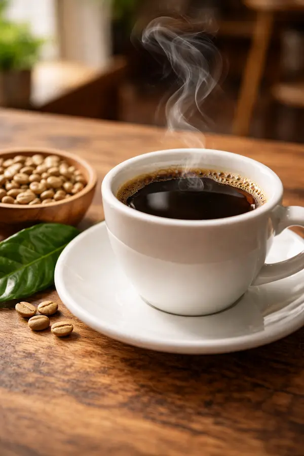 Macro photograph of a steaming cup of black coffee beside raw organic coffee beans and a green leaf on a wooden café table in natural light Macro photograph of a steaming cup of black coffee beside raw organic coffee beans and a green leaf on a wooden café table in natural light