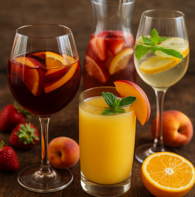 A high-resolution image of four wine-based cocktails on a rustic wooden table. From left to right: a red sangria garnished with orange and peach slices, a peach Bellini with a mint sprig and peach wedge, a carafe of rosé sangria with strawberries and citrus, and a white wine spritzer with lemon slices and fresh mint. Surrounding the drinks are fresh strawberries, peaches, and a halved orange. A high-resolution image of four wine-based cocktails on a rustic wooden table. From left to right: a red sangria garnished with orange and peach slices, a peach Bellini with a mint sprig and peach wedge, a carafe of rosé sangria with strawberries and citrus, and a white wine spritzer with lemon slices and fresh mint. Surrounding the drinks are fresh strawberries, peaches, and a halved orange.