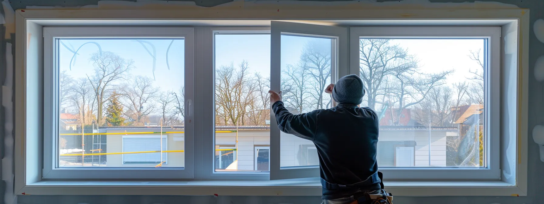 a professional window installer expertly positioning a crystal-clear pane into a sleek, modern frame. a professional window installer expertly positioning a crystal-clear pane into a sleek, modern frame.