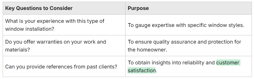 a table with the different questions to consider and their purpose a table with the different questions to consider and their purpose