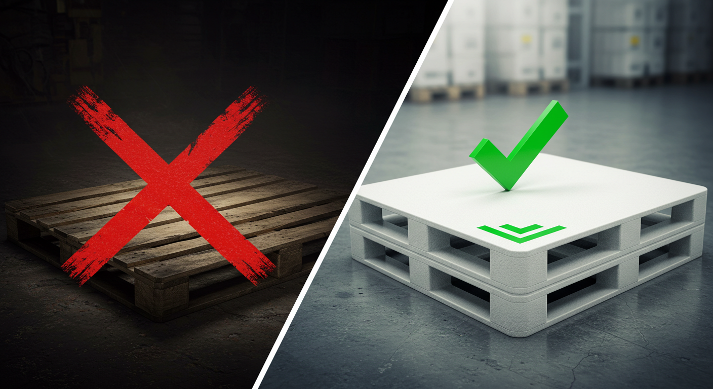 A powerful split-screen image. On the left, a dark, damp, splintered wooden pallet with a red "X" over it, symbolizing risk and contamination. On the right, a clean, white, modern thermoformed pallet with a green checkmark, symbolizing safety and compliance. The background on the left is shadowy and dirty; the background on the right is bright and sterile. --ar 16:9 A powerful split-screen image. On the left, a dark, damp, splintered wooden pallet with a red "X" over it, symbolizing risk and contamination. On the right, a clean, white, modern thermoformed pallet with a green checkmark, symbolizing safety and compliance. The background on the left is shadowy and dirty; the background on the right is bright and sterile. --ar 16:9