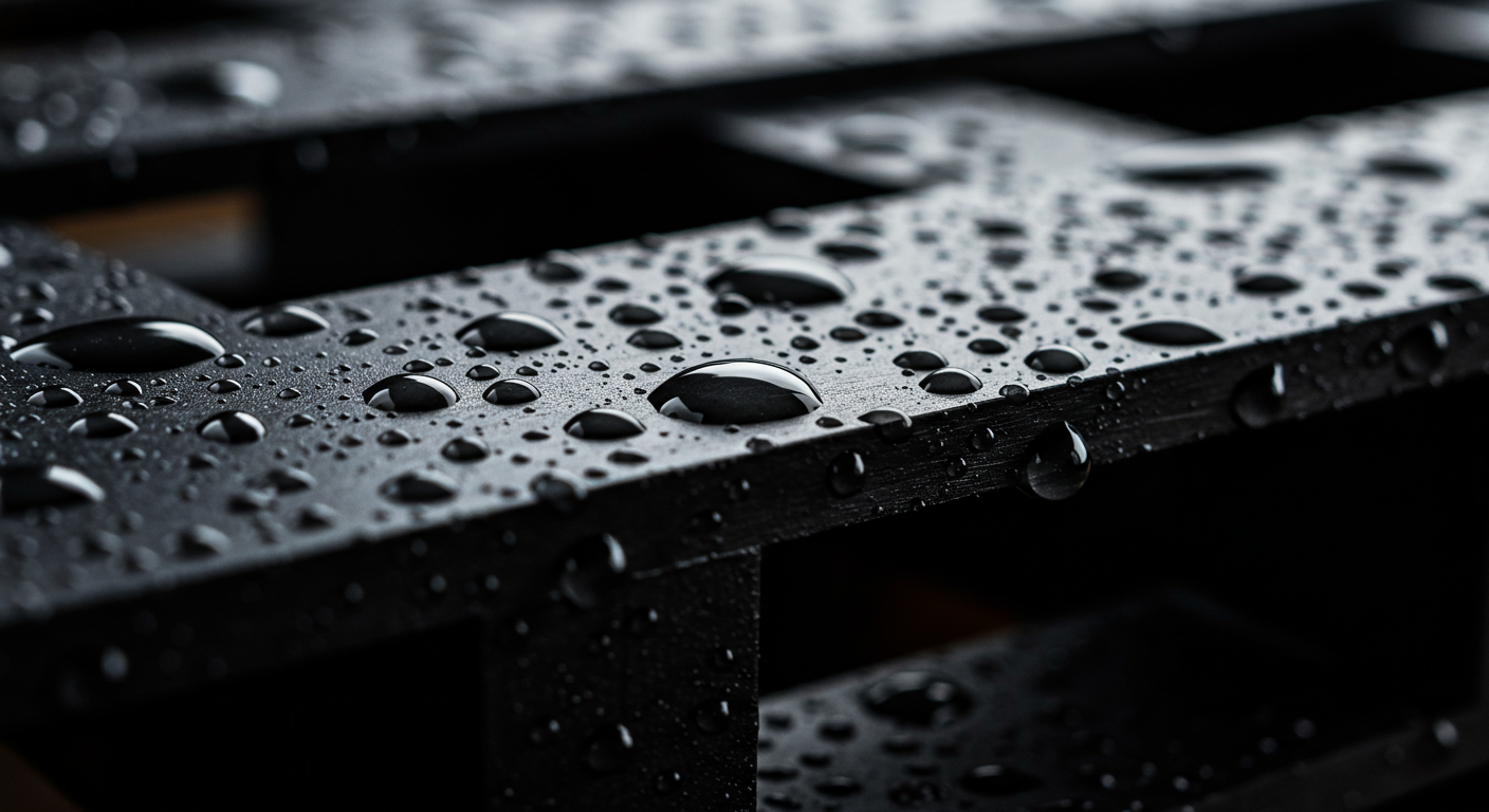 Macro shot of water droplets beading up and rolling off the smooth, non-porous white surface of a thermoformed pallet. The image is extremely clean and minimalist, with bright, clinical lighting that creates a slight gleam on the plastic, emphasizing its impermeability and hygienic quality. --ar 4:3 Macro shot of water droplets beading up and rolling off the smooth, non-porous white surface of a thermoformed pallet. The image is extremely clean and minimalist, with bright, clinical lighting that creates a slight gleam on the plastic, emphasizing its impermeability and hygienic quality. --ar 4:3