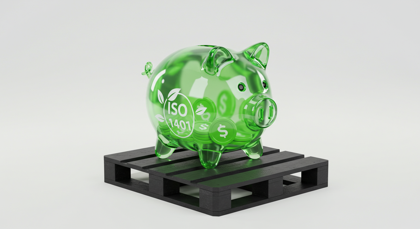 Creative concept image showing a thermoformed pallet with a transparent green piggy bank sitting on top of it. Inside the piggy bank, there are green leaf icons and coin symbols, representing both environmental sustainability (ISO 14001) and financial savings. The background is a clean, minimalist white. --ar 4:3 Creative concept image showing a thermoformed pallet with a transparent green piggy bank sitting on top of it. Inside the piggy bank, there are green leaf icons and coin symbols, representing both environmental sustainability (ISO 14001) and financial savings. The background is a clean, minimalist white. --ar 4:3