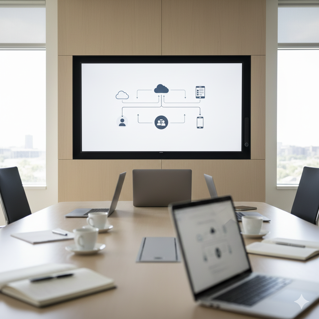A realistic photograph of a modern enterprise meeting room featuring a large wall-mounted screen. The display shows an abstract architecture diagram of interconnected cloud platforms, ERP systems, and mobile applications. The room is bright with natural light, and the table holds laptops and notebooks, suggesting an active software consultancy strategy session.