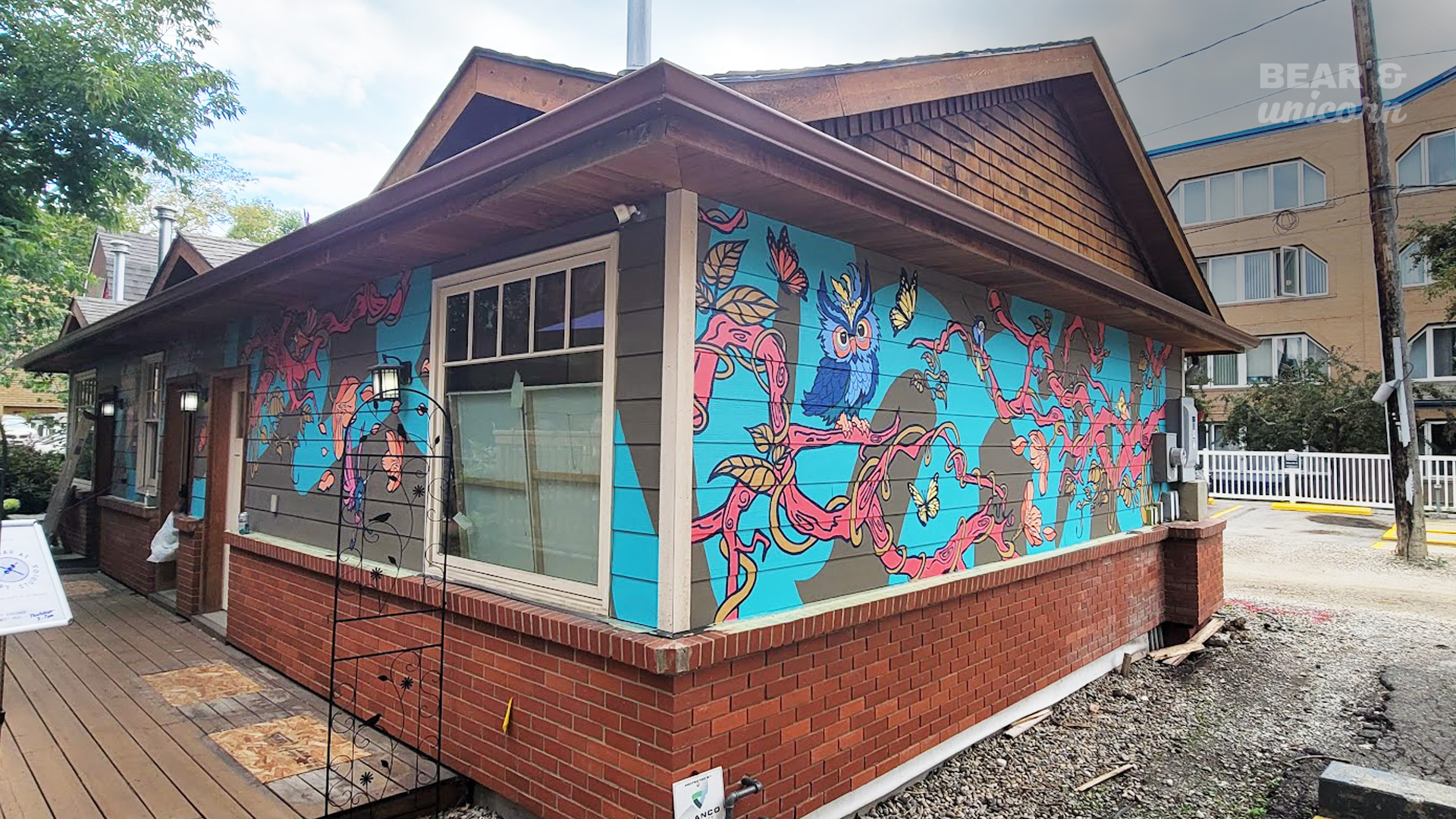 Mural Finished – trees, birds, butterflies, nature mural by the bear and unicorn Mural Finished – trees, birds, butterflies, nature mural by the bear and unicorn