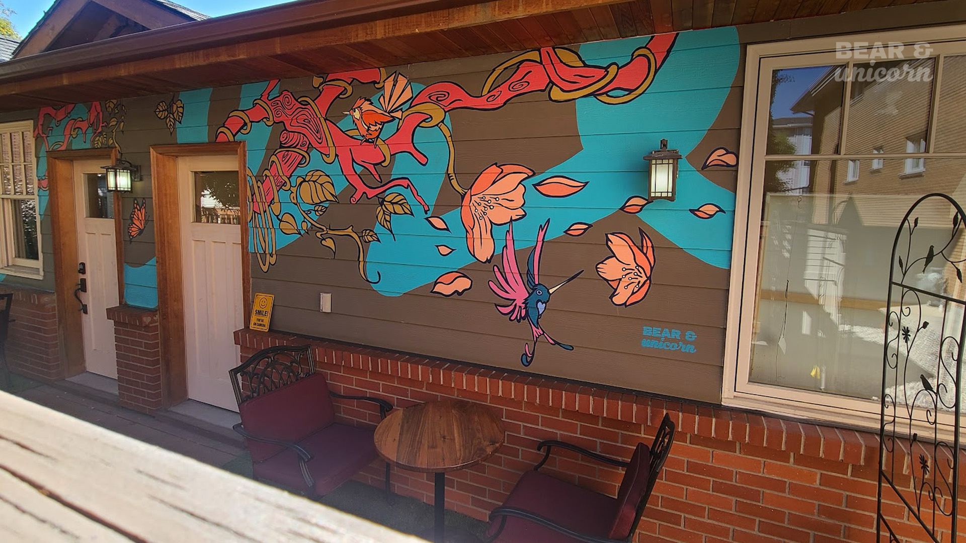 Mural Finished – trees, birds, butterflies, nature mural by the bear and unicorn Mural Finished – trees, birds, butterflies, nature mural by the bear and unicorn