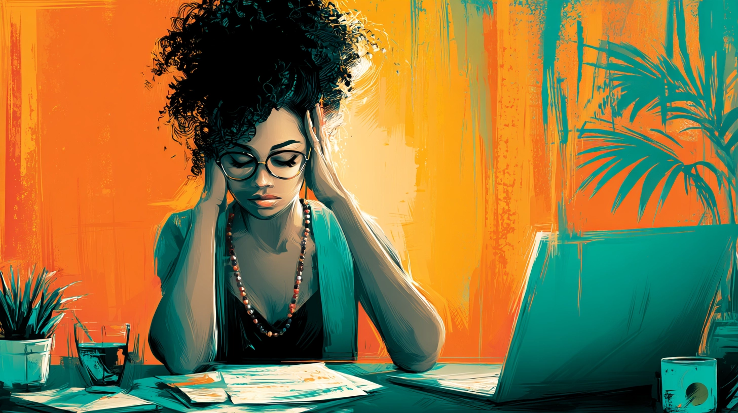 Illustration of a stressed woman with curly hair and glasses sitting at a desk cluttered with papers, resting her head in her hands, with a laptop open in front of her and a vivid orange and teal background. Illustration of a stressed woman with curly hair and glasses sitting at a desk cluttered with papers, resting her head in her hands, with a laptop open in front of her and a vivid orange and teal background.
