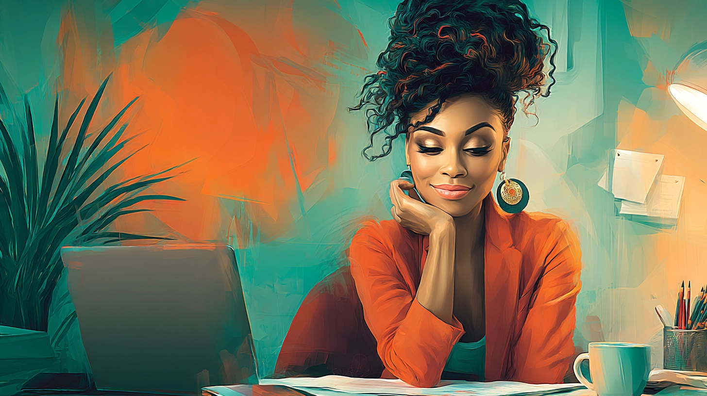 Illustration of a smiling woman at her desk, relaxed and focused, with a laptop, coffee mug, and warm, vibrant background. Illustration of a smiling woman at her desk, relaxed and focused, with a laptop, coffee mug, and warm, vibrant background.