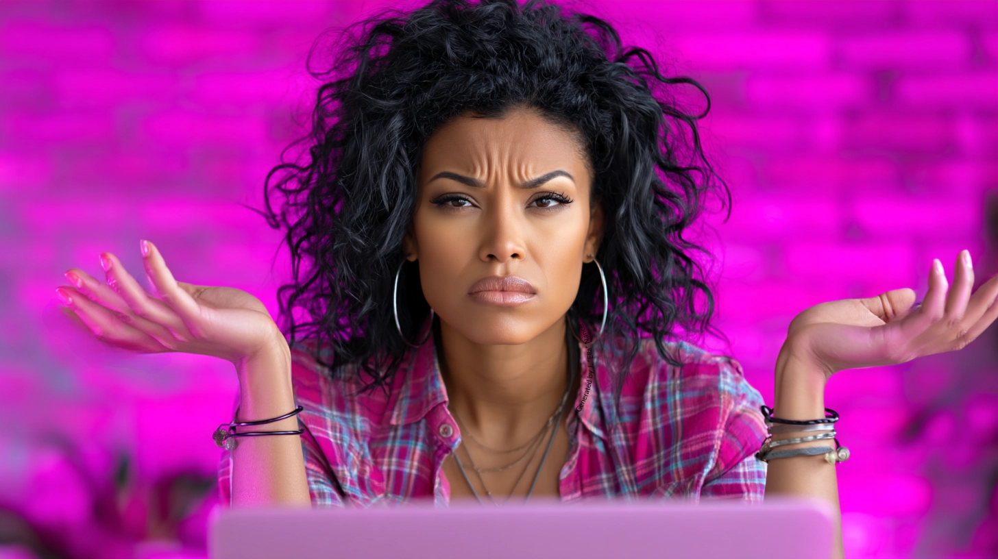 Frustrated woman in a plaid shirt raising her hands in confusion while sitting at a laptop, with a bright pink background. Frustrated woman in a plaid shirt raising her hands in confusion while sitting at a laptop, with a bright pink background.