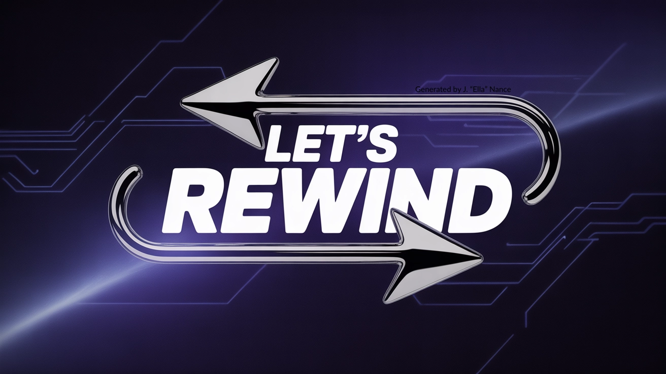 Digital-style graphic with two curved arrows and bold white text reading ‘LET’S REWIND’ on a dark purple background. Digital-style graphic with two curved arrows and bold white text reading ‘LET’S REWIND’ on a dark purple background.
