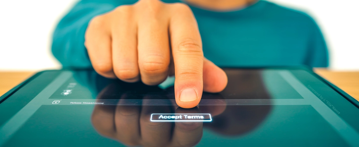 Close-up of a person’s hand about to tap ‘Accept Terms’ on a digital screen, emphasizing agreement to online terms or policies Close-up of a person’s hand about to tap ‘Accept Terms’ on a digital screen, emphasizing agreement to online terms or policies