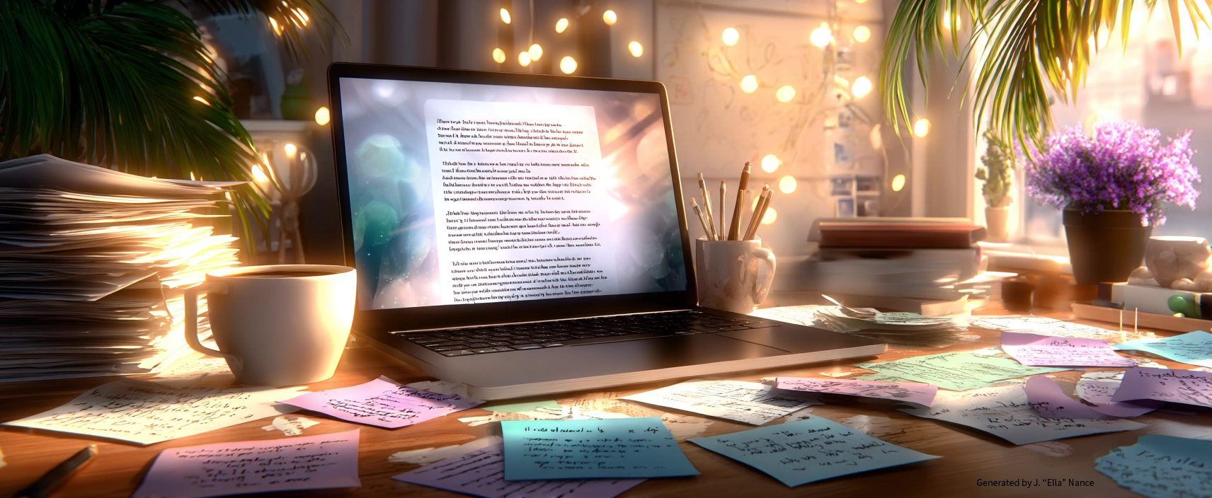 Cozy, sunlit workspace with a laptop displaying text, surrounded by handwritten notes, coffee, pens, and stacks of paper, evoking creativity and focus. Cozy, sunlit workspace with a laptop displaying text, surrounded by handwritten notes, coffee, pens, and stacks of paper, evoking creativity and focus.
