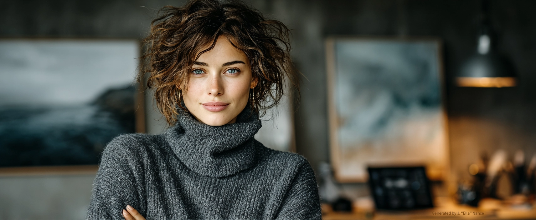 Confident female entrepreneur in a cozy gray sweater standing with arms crossed in a stylish, softly lit workspace, conveying calm leadership and creative focus. Confident female entrepreneur in a cozy gray sweater standing with arms crossed in a stylish, softly lit workspace, conveying calm leadership and creative focus.