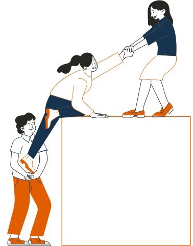 A simple graphic of a woman climbing a block, being helped by a man holding her food, and another woman pulling her arm up from above