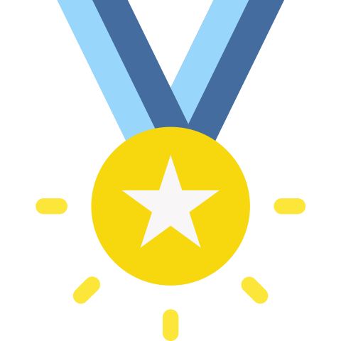 A graphic of a gold medal on a blue ribbon