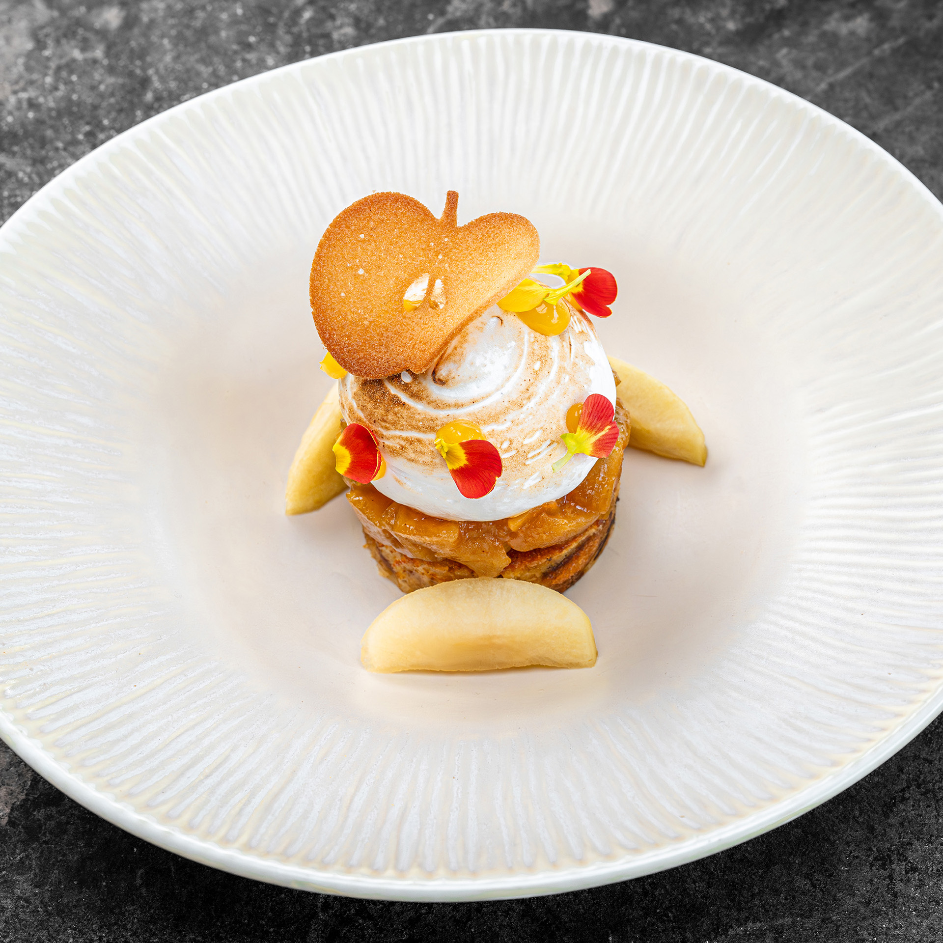 Poppy seed bread pudding, lemon sorbet, cherry