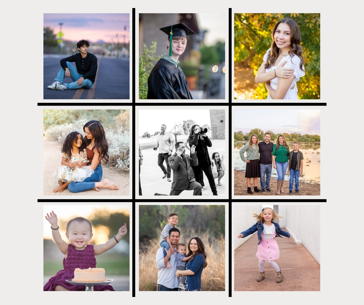 Photo collage featuring portraits by Andria May Photography: high school seniors, a graduate in cap and gown, a smiling teen girl, a mother with her daughter in the desert, a fun black-and-white candid of a large group, a family by a lake, a joyful baby with a smash cake, a young family with two boys, and a little girl running down a hallway. Captured in Gilbert, Arizona with a boutique, full-service style.