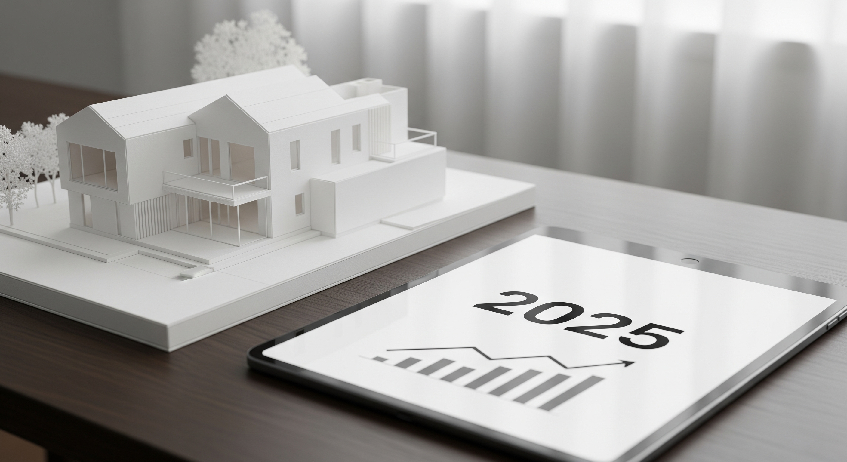 Planeamento de investimento imobiliário para 2025, com um modelo arquitetónico de uma casa moderna sobre uma secretária, ao lado de um tablet que exibe um gráfico de crescimento positivo. Planeamento de investimento imobiliário para 2025, com um modelo arquitetónico de uma casa moderna sobre uma secretária, ao lado de um tablet que exibe um gráfico de crescimento positivo.