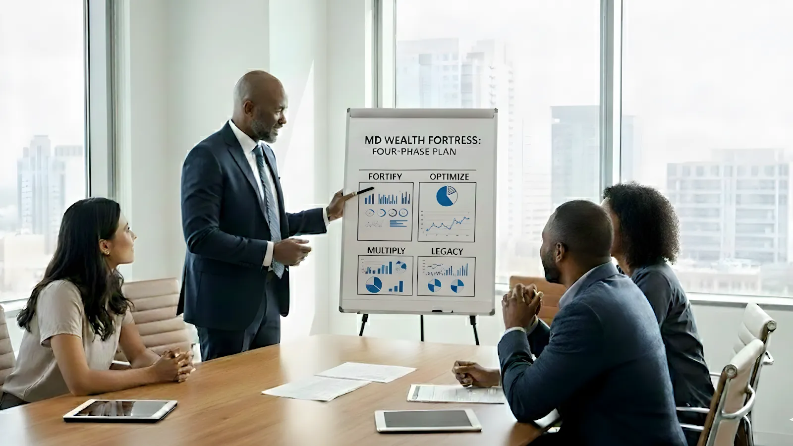 A professional team discussing financial strategies and presenting the MD Wealth Fortress Four-Phase Plan, illustrating the benefits of using physician peer‑to‑peer financial care services in building a wealth team.