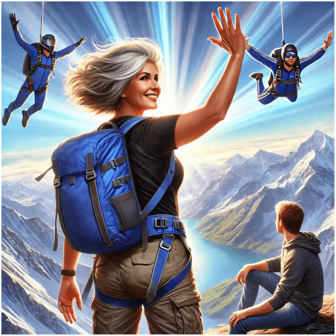 "An exhilarating outdoor adventure scene featuring a smiling older woman with a large blue backpack and gray hair, standing on a mountain top. The sun is shining brightly behind her. Two skydivers, one on each side, are in mid-air, expressing joy with their hands raised. In the background, majestic mountains and a serene lake are visible, with another younger man seated, gazing at the scenic view."