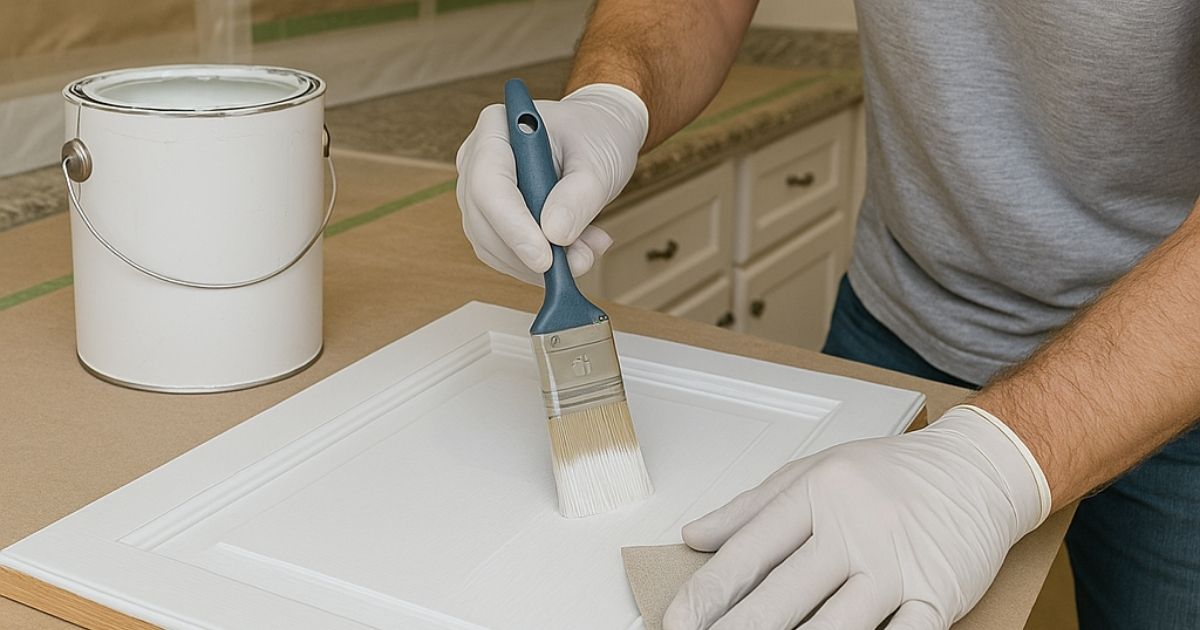 man painting cabinet in white man painting cabinet in white