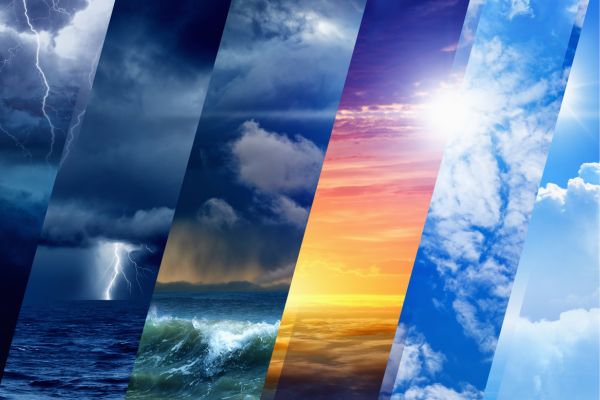 Collage of changing weather conditions, from storms to clear skies over the ocean. Collage of changing weather conditions, from storms to clear skies over the ocean.