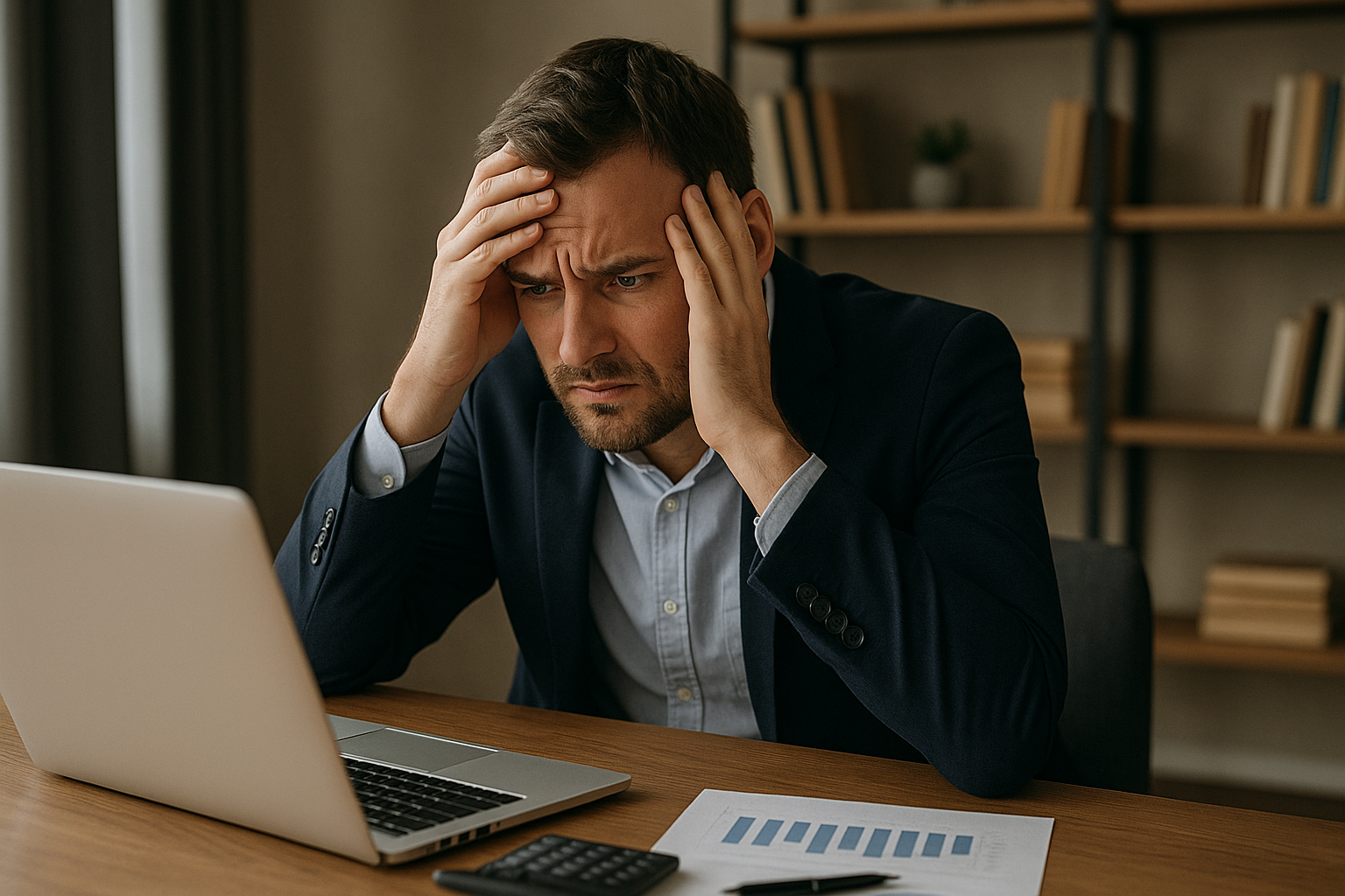 Frustrated business owner staring at laptop Frustrated business owner staring at laptop