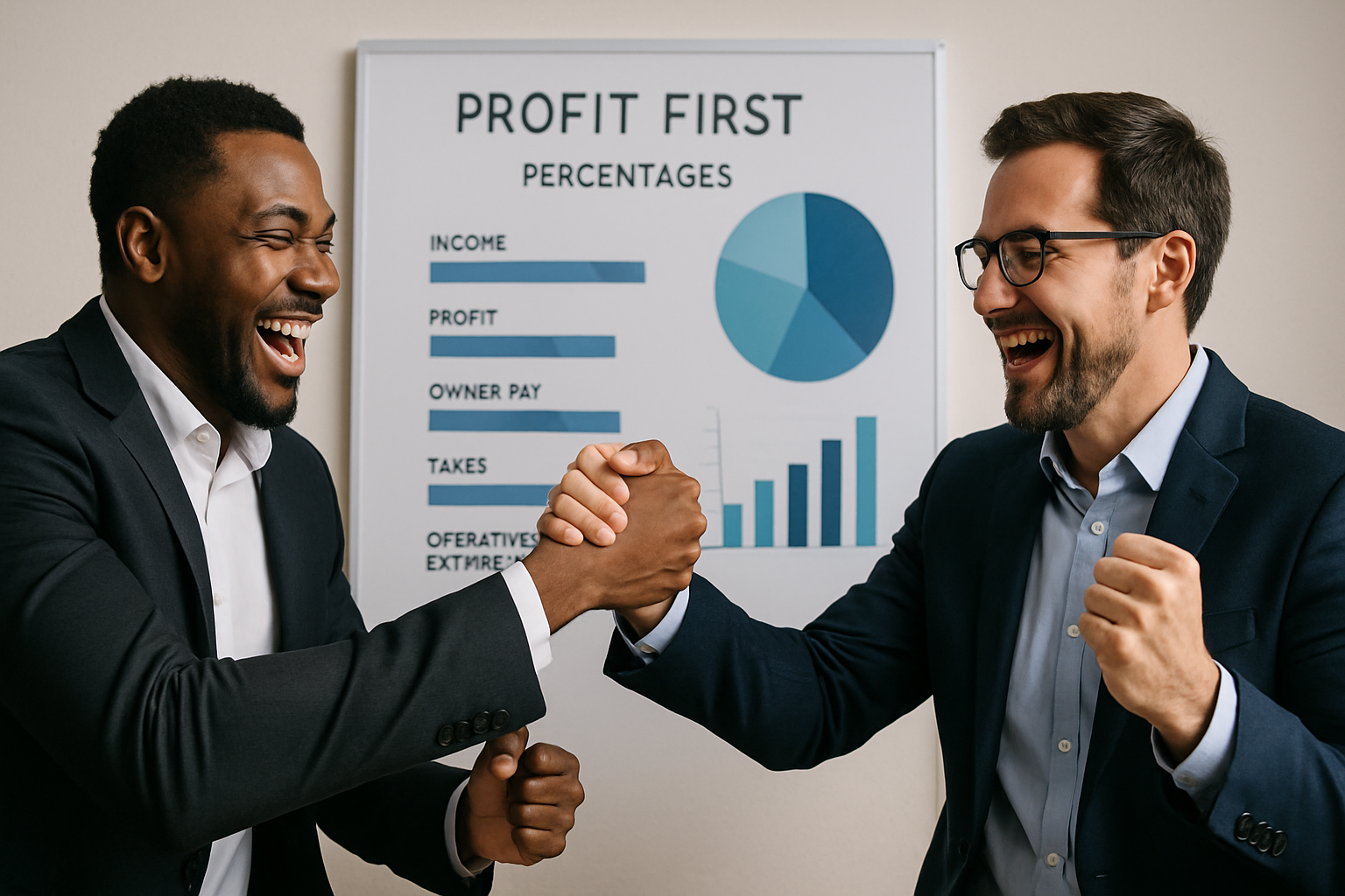 Two business partners celebrating with a handshake in front of whiteboard Two business partners celebrating with a handshake in front of whiteboard