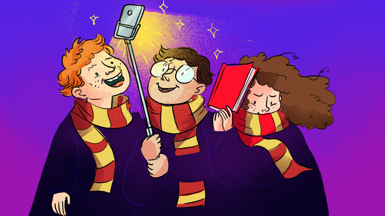 Harry potter and friends taking a selfie