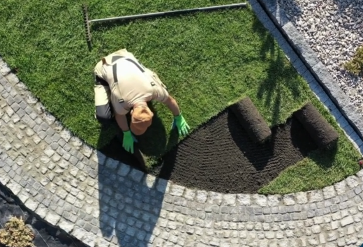 Worker Laying Sod Along Walkway Worker Laying Sod Along Walkway